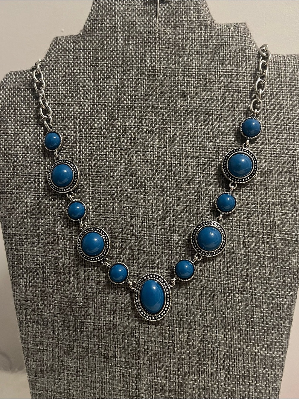 Silver-Tone Blue Cabochon Statement Necklace